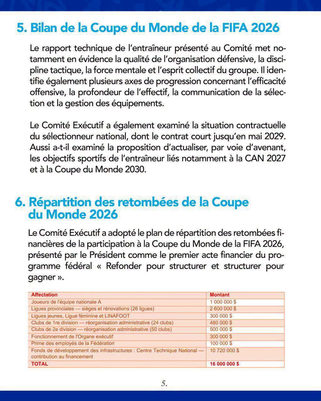 Football | FECOFA : Comment seront répartis les 16 millions de dollars du Mondial 2026 ?