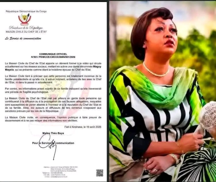 RDC | Société : La Maison civile du Chef de l’État dément une vidéo mettant en scène une femme se présentant comme la troisième épouse du Président !