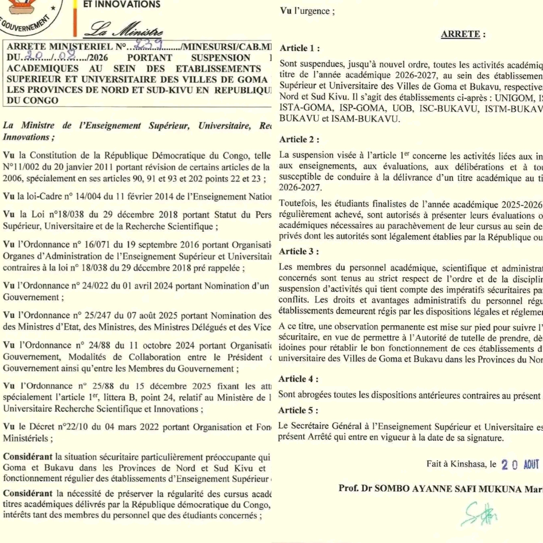 RDC | Goma et Bukavu : l’année académique 2026-2027 suspendue à titre conservatoire dans les établissements publics supérieurs !