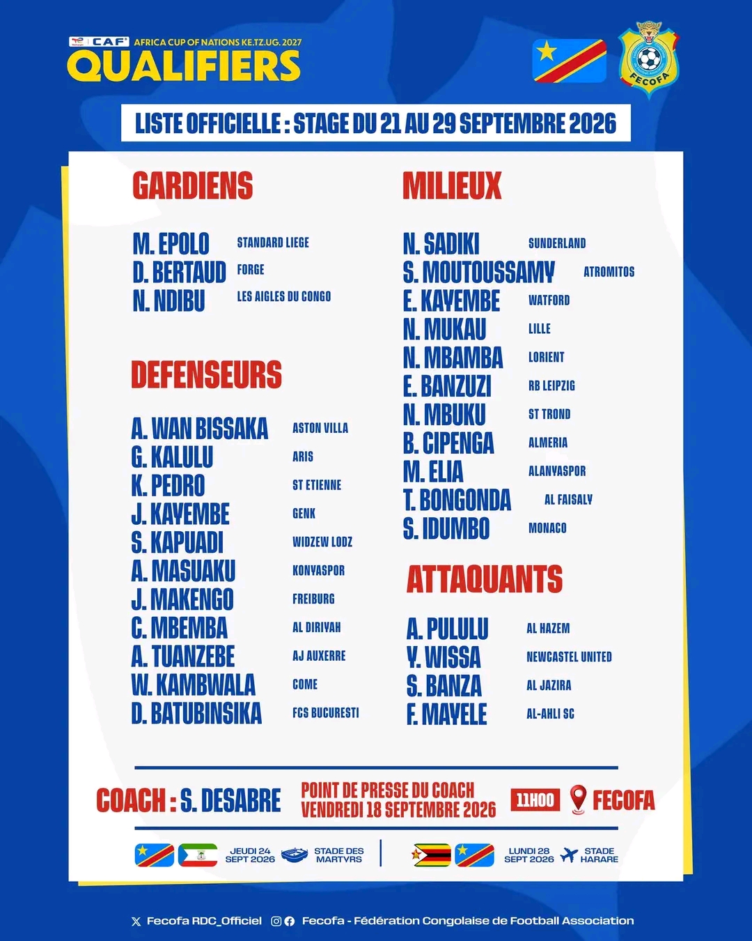 Football | LÉOPARDS : Sébastien Desabre dévoile sa liste pour lees Éliminatoires de la CAN 2027 !