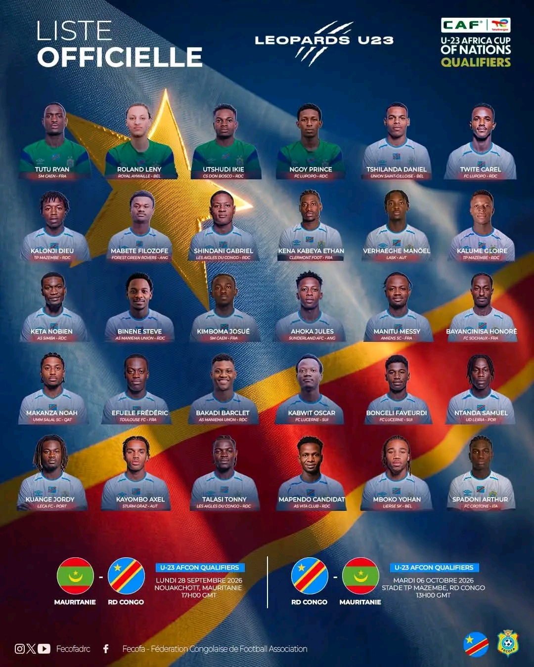 Football | CAN U23 : Guy Bukasa convoque 30 Léopards Espoirs pour le duel face à la Mauritanie !