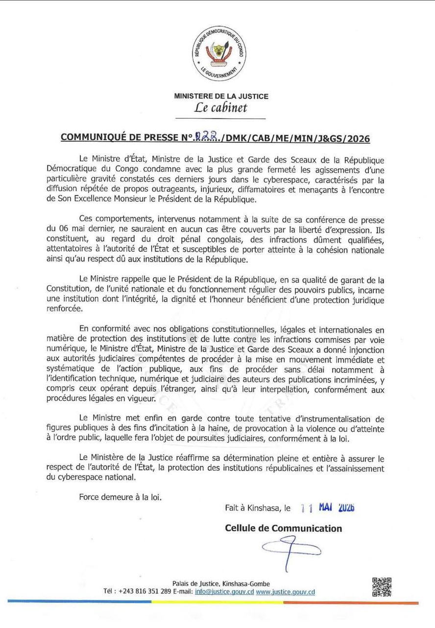 Justice : le gouvernement annonce des poursuites contre les auteurs de propos injurieux visant le Chef de l’État !