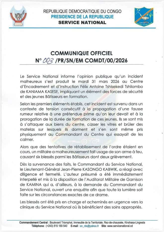 INCIDENTS À KANIAMA KASESE : LE SERVICE NATIONAL FIXE L’OPINION !